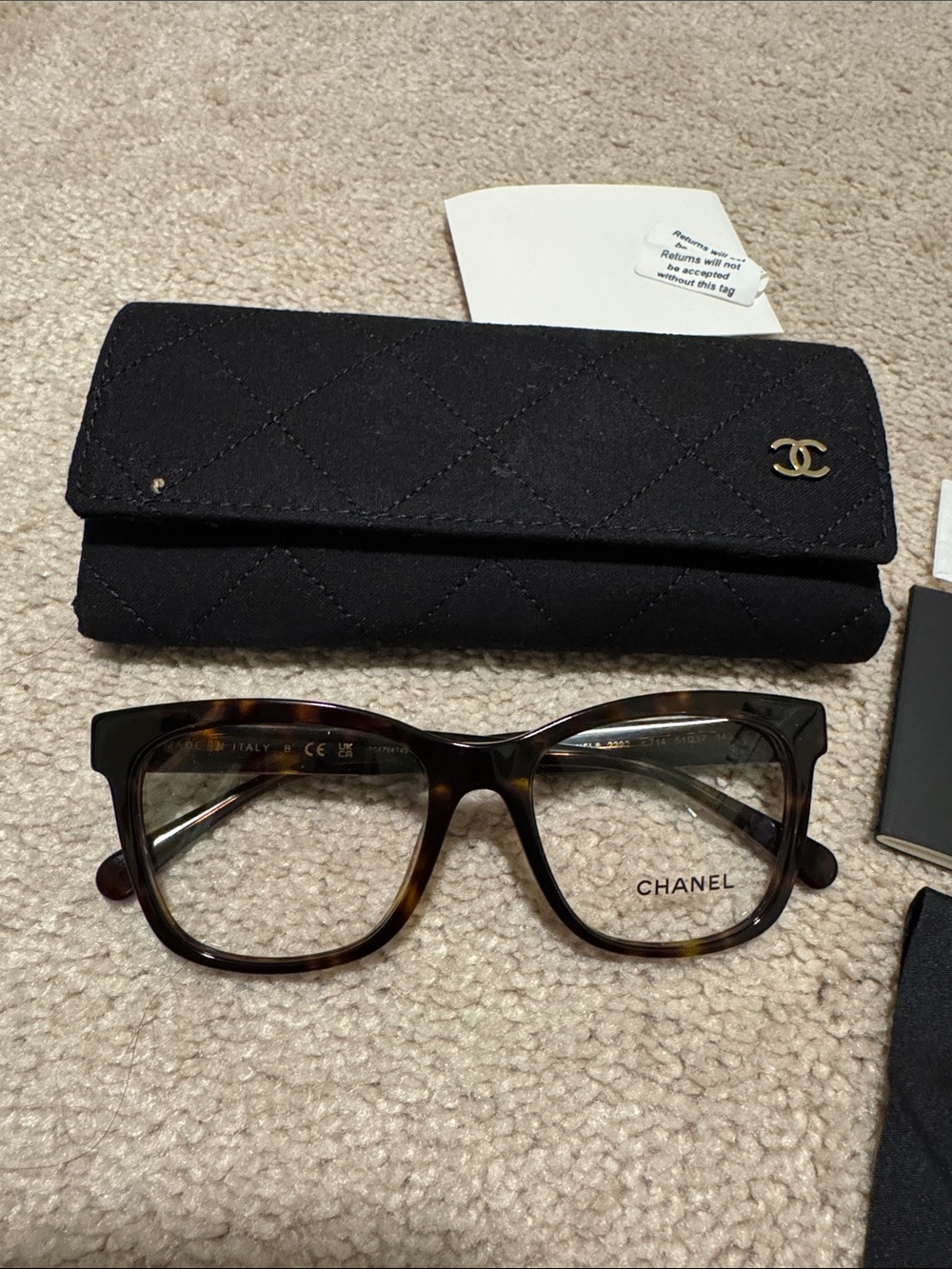 CHANEL Tortoiseshell Brown and Black Square Optical Glasses with Quilted Case